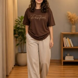 Classic Brown Relaxed-Fit Top with Beige Wide-Leg Pants