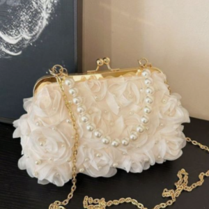Elegant Pearl & Floral Rose Embellished Clutch Bag