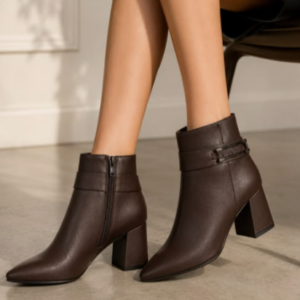 Women’s Dark Brown Leatherette Pointed-Toe Ankle Boots with Strap Detail