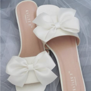 Kailee P. White Satin Bow Flat Bridal Slide Sandals
