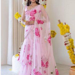 Blush Pink Floral Printed Georgette Saree