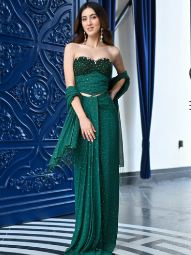 Emerald Green Embellished Strapless Evening Gown