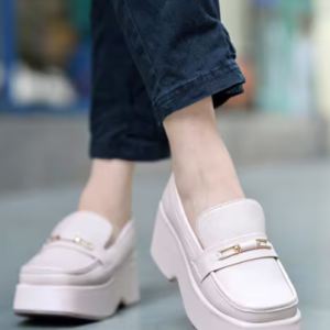 Women’s Off-White Platform Wedge Loafers with Gold Hardware Accent