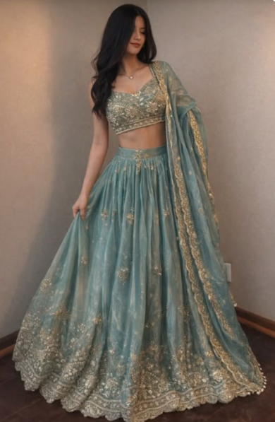 Sage Green Embroidered Lehenga Choli Set