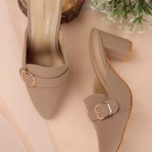Women’s Nude Pointed-Toe Block Heel Mules with Gold Buckle Accent
