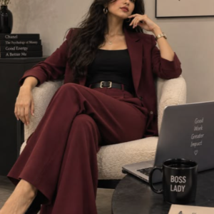 Elegant Burgundy Blazer & Wide-Leg Trouser Co-Ord Set