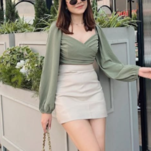 Sage Green Ruched Crop Top & White Mini Skirt Set
