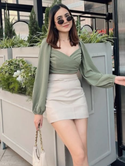 Sage Green Ruched Crop Top & White Mini Skirt Set