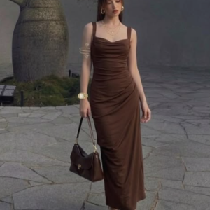 Chocolate Brown Ruched Bodycon Midi Dress
