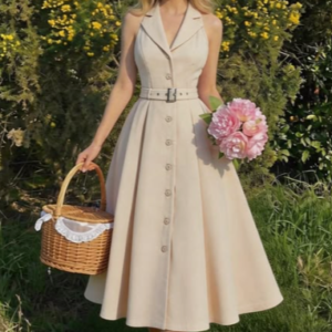 Elegant Beige Belted Button-Front Midi Dress