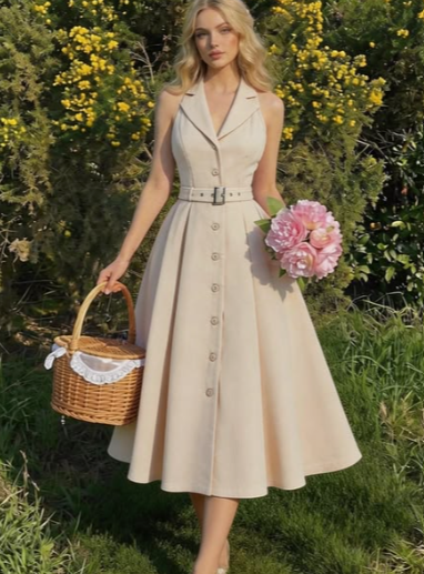 Elegant Beige Belted Button-Front Midi Dress