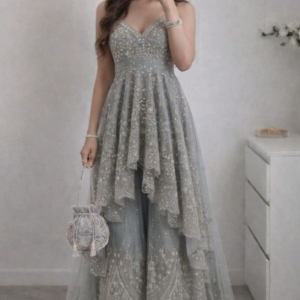 Silver Grey Embellished Layered Palazzo Set