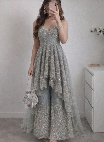 Silver Grey Embellished Layered Palazzo Set