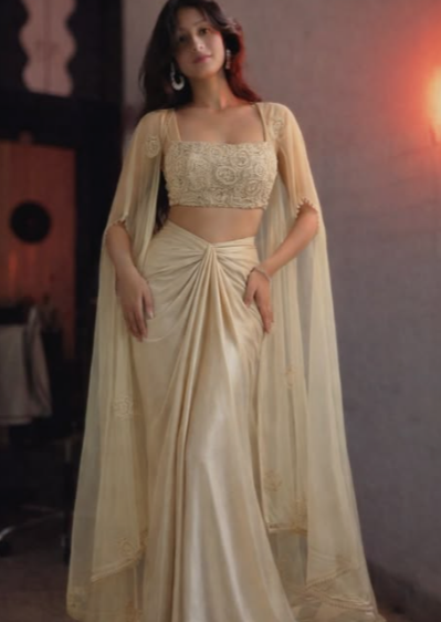 Champagne Gold Embroidered Draped Lehenga Set