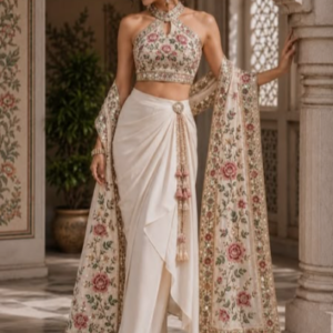 Ivory Floral Embroidered Halter Saree Set