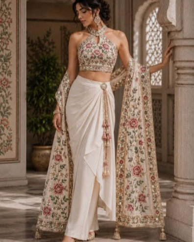 Ivory Floral Embroidered Halter Saree Set