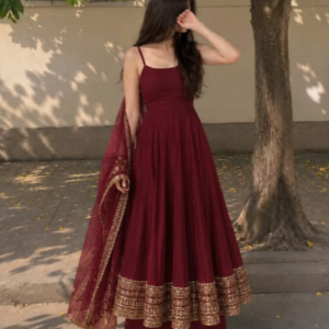 Wine Maroon Anarkali Suit with Embroidered Dupatta