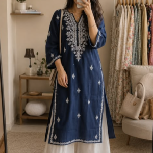 Navy Blue Embroidered Kurta with White Palazzo Pants