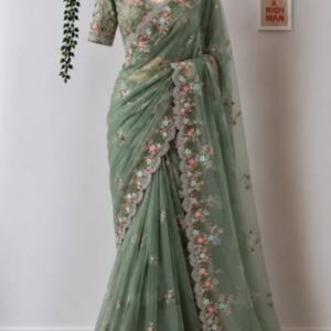 Sage Green Floral Embroidered Organza Saree