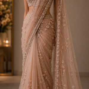 Champagne Nude Embellished Sequin Saree with Designer Blouse