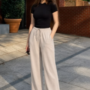 Black Fitted T-Shirt with Beige Wide-Leg Pants