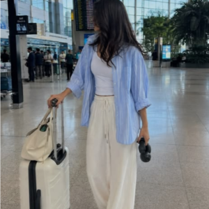 Sky Blue Striped Overshirt with White Wide-Leg Pants
