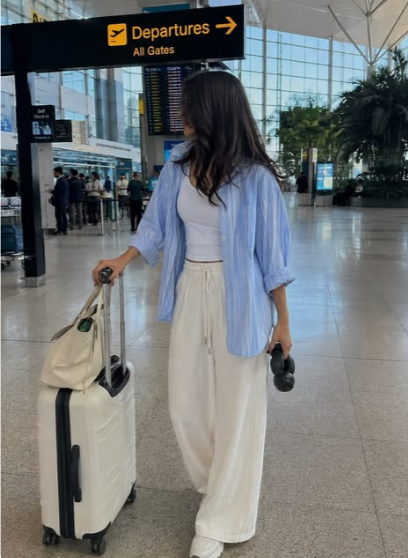 Sky Blue Striped Overshirt with White Wide-Leg Pants