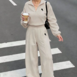 Cream Beige Half-Zip Sweatshirt & Wide-Leg Co-Ord Set