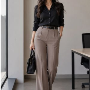 Elegant Black Button-Down Shirt with High-Waist Wide-Leg Trousers