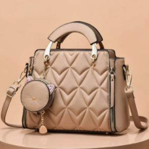 Elegant Quilted Beige Handbag with Mini Charm