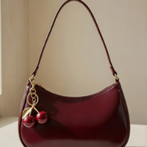 Elegant Burgundy Cherry Charm Shoulder Bag