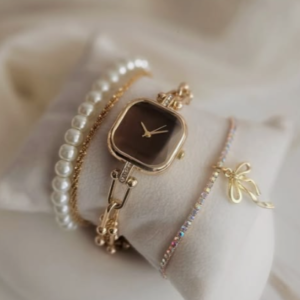 Elegant Square Dial Women’s Watch with Pearl & Charm Bracelet
