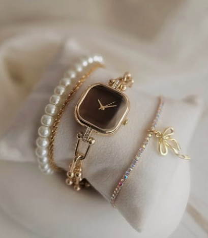 Elegant Square Dial Women’s Watch with Pearl & Charm Bracelet