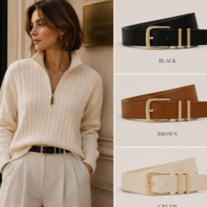 Classic Women's Faux Leather Belt with Brushed Gold Pin Buckle & Double Loop