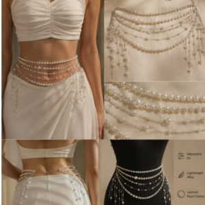 Multi-Layered Pearl Waist Chain Belt with Draping Fringe Accents