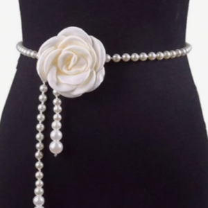 Elegant Pearl Beaded Waist Chain Belt with Fabric Camellia Flower Accent