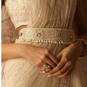 Elegant Pearl Bead & Kundan Embellished Fabric Waist Belt for Ethnic Wear