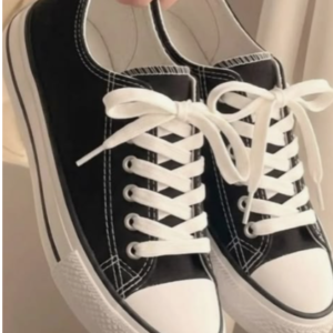 Classic Women's Black Canvas Platform Sneakers Low-Top Lace-Up Shoes