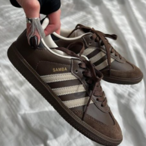 Classic Brown Leather & Suede Samba Style Sneakers with Cream Stripes