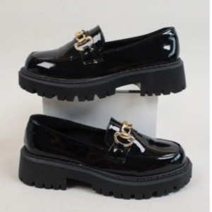 Women’s Black Patent Leather Chunky Platform Loafers with Gold Chain Accent