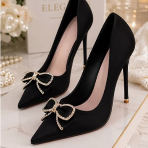 Glamorous Black Pointed-Toe High Heels with Sparkly Crystal Bow