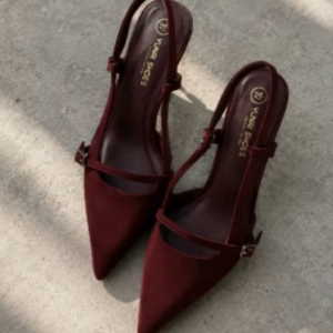 Women’s Burgundy Pointed-Toe Slingback Heels with Mary Jane Buckle Strap