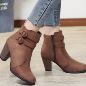 Women’s Brown Suede Ankle Boots with Double Buckle Straps & Stacked Heel