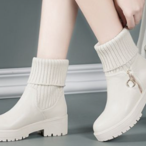 Women’s Cream White Knit Collar Ankle Boots with Side Zipper & Lug Sole