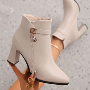 Women’s Cream Beige Pointed-Toe Ankle Boots with Rhinestone Charm Buckle