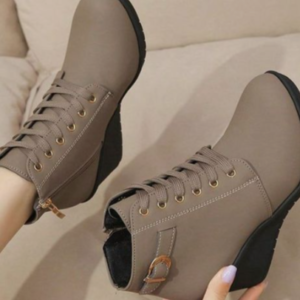 Women’s Taupe Lace-Up Wedge Ankle Boots with Side Zipper & Buckle