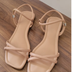 Women’s Beige Criss-Cross Strappy Flat Sandals with Metallic Hardware